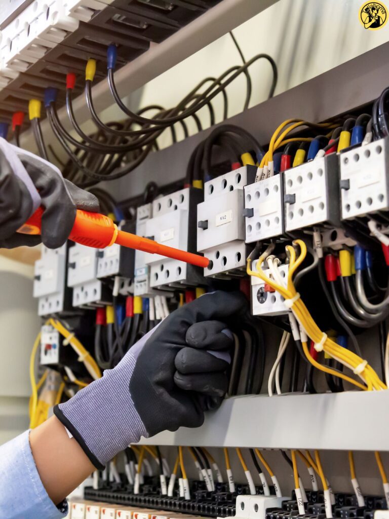 Electricians work to connect electric wires in the system switchboard electrical system in Control cabinet