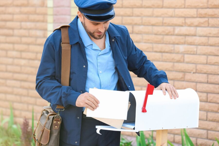 Young Postman Putting Letters in Mail Box Outdoors