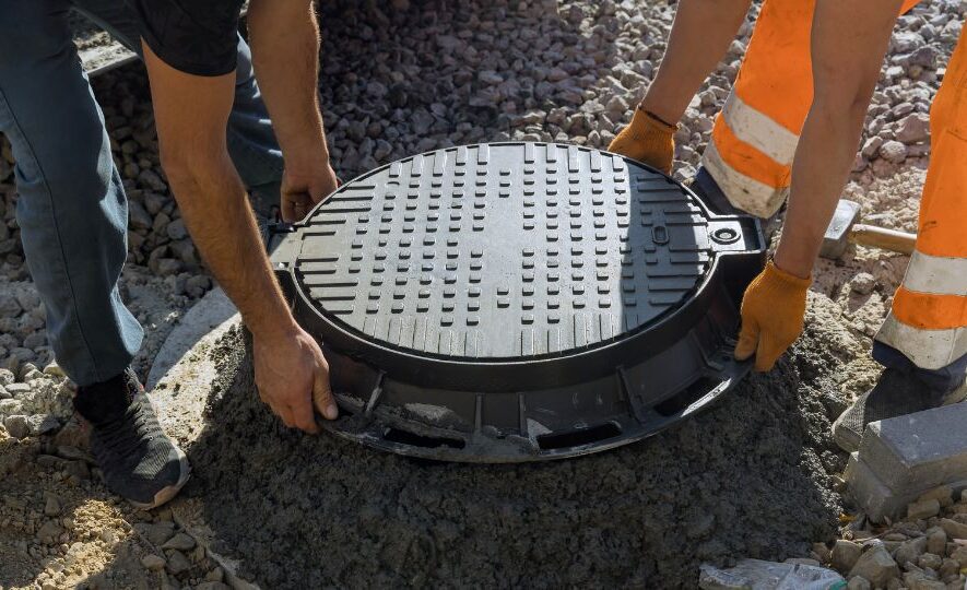 A Worker Installs a Sewer Manhole on a Septic Tank Made of Concrete Rings