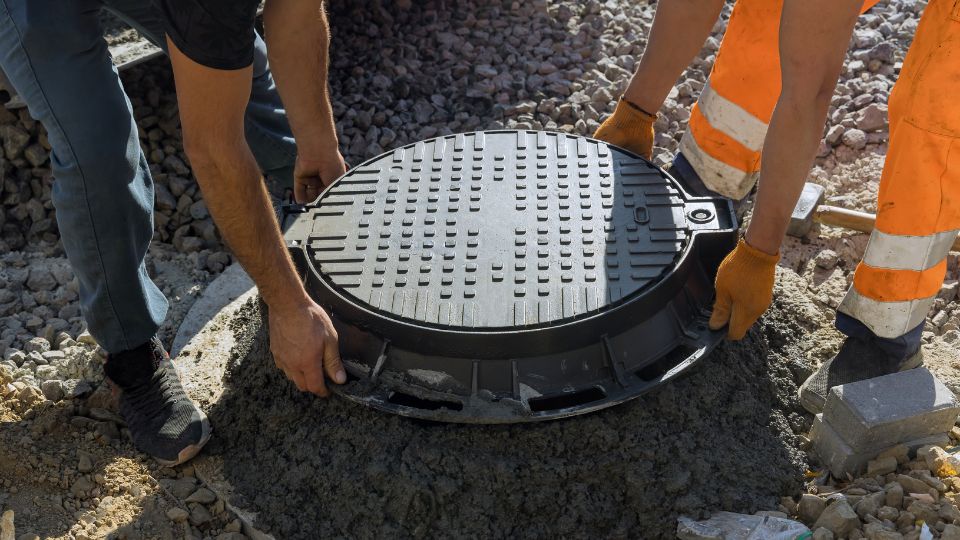 A Worker Installs a Sewer Manhole on a Septic Tank Made of Concrete Rings