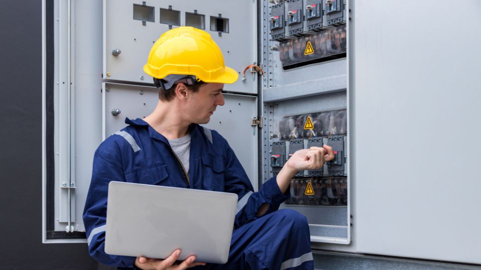 Electrical engineer working in control room. Electrical engineer man checking Power Distribution Cabinet in the control room