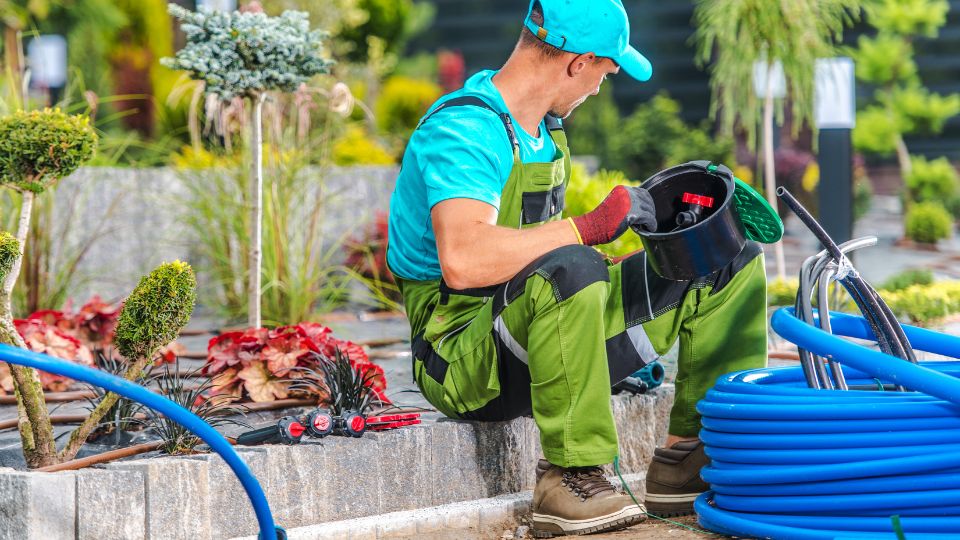 Gardener Installing Garden Irrigation Sprinklers