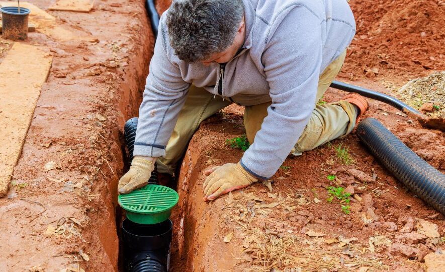 Laying underground drainage pipe system for outflow of rain a stormwater