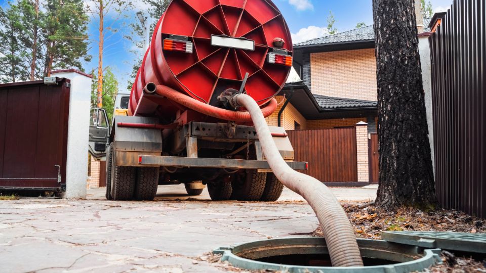 Sewer pumping machine. Septic truck. Pipe in the drainage pit. Pumping out sewage from a septic tank. Septic tank service