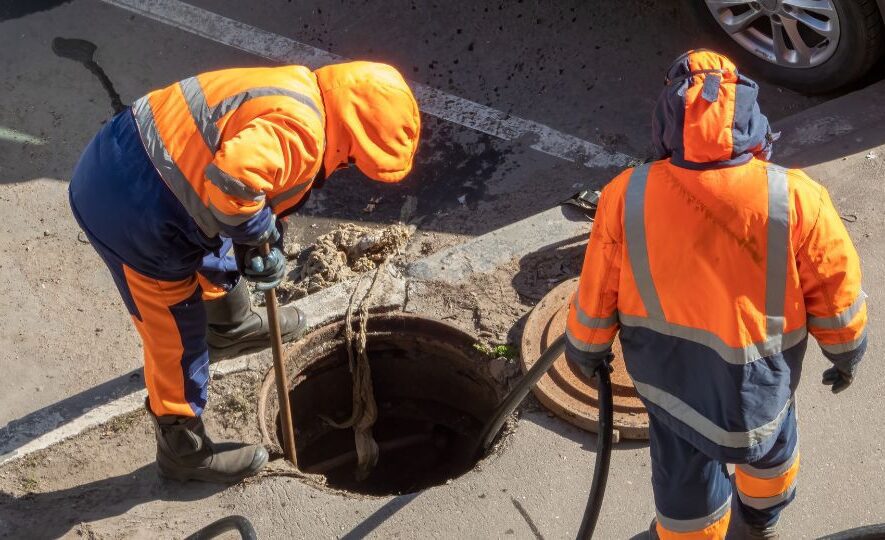 Worker Repairs Underground Sewage over the Open Manhole