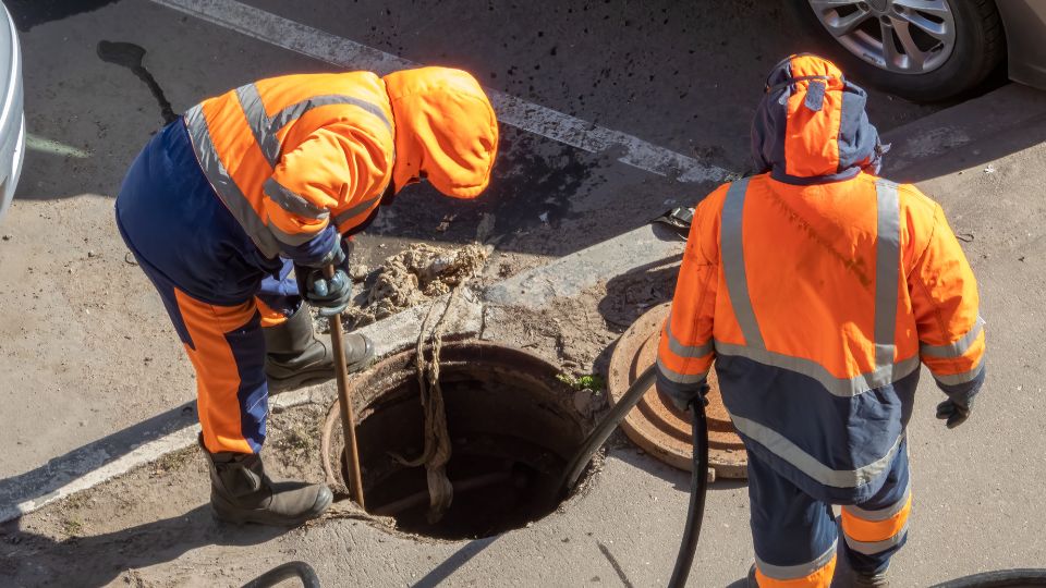 Worker Repairs Underground Sewage over the Open Manhole